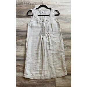 Garnet Hill Linen Tank Dress Tan Cream Pleated Lagenlook Pockets Size 2